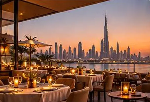 Terrassenrestaurant mit Blick auf die Skyline von Dubai in der Abenddämmerung