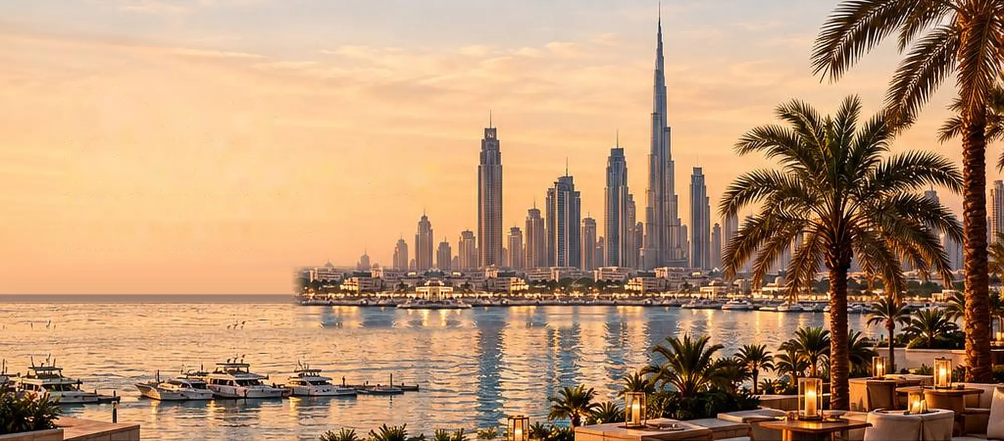 Dubai skyline at sunset seen from a waterfront terrace